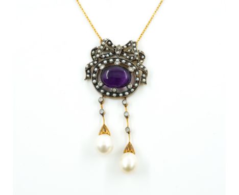 A SILVER GILT, AMETHYST, SEED PEARL AND DIAMOND PENDANTThe cabochon oval amethyst mounted in a surround of six circular cut d