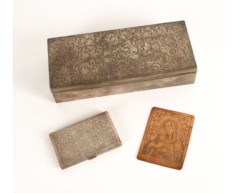 A RECTANGULAR TABLE CIGARETTE BOX AND TWO FURTHER ITEMS (3)The hinged lid floral, foliate and scroll engraved, wooden lined w