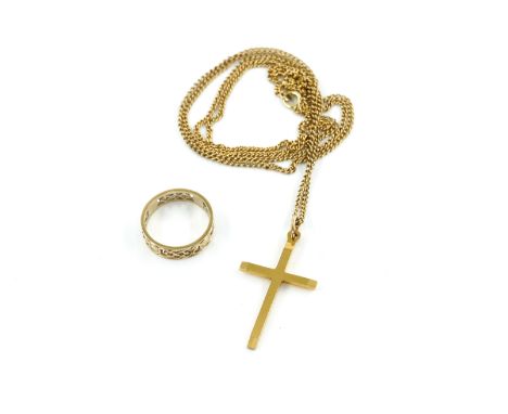 A 9CT GOLD BAND RING, A 9CT GOLD PENDANT CROSS AND A NECKCHAIN (3)The band ring with pierced decoration, ring size K, the 9ct