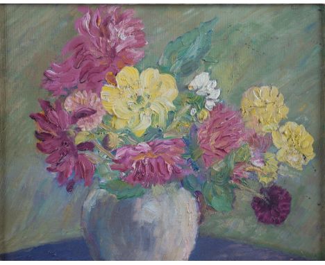ELIZABETH ALETH (BRITISH, 20TH CENTURY)Dahlias
oil on canvas-board
31 x 38.5cm
ARR

Provenance
R. W. S. Galleries, Conduit St