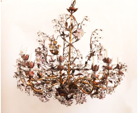 MECHINI, FLORENCE: A PAIR OF GILT-METAL AND CRYSTAL TWELVE LIGHT CHANDELIERS (2)Modern
With gilt and red painted tole peinte 