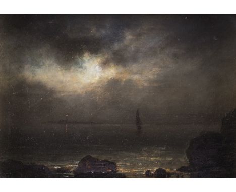 *** RUSSELLA sail by moonlight with a lighthouse beyond
signed 'Russell' (lower right)
oil on panel
16 x 22.5cm