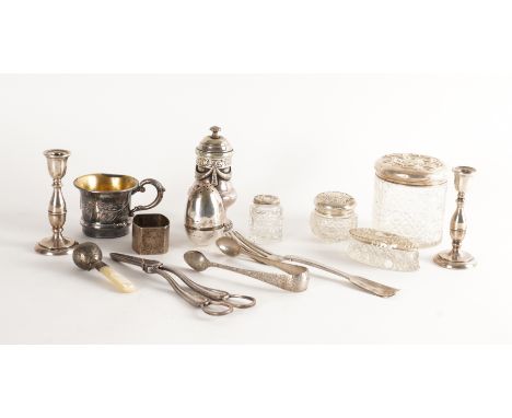 A GROUP OF SILVER AND PLATED WARES (13)Comprising; Four lidded faceted glass toilet bottles and jars, an egg shaped pepperett