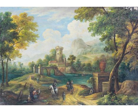 ITALIAN SCHOOL (2)Figures on a track by a river with a fort beyond
oil on canvas 
25 x 36cm
together with figures amongst a r