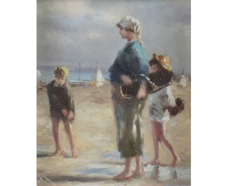 ENGLISH SCHOOL, EARLY 20TH CENTURYMother and children on the beach
signed with initials 'H. K. R' (lower left)
oil on board
1