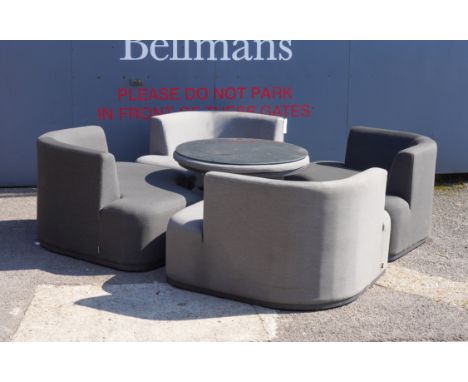 MAZELOUNGE; A MODULAR FOUR SECTION GARDEN SOFA AND MATCHING CIRCULAR HEIGHT ADJUSTABLE CENTRE TABLE (5)Each sofa 135cm wide; 