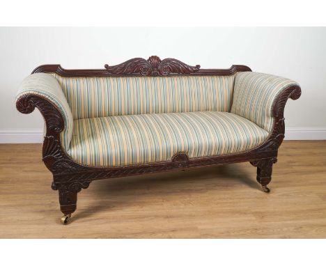 A WILLIAM IV CARVED MAHOGANY FRAMED SCROLL END SOFA195cm wide; 100cm high