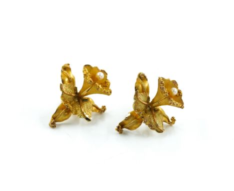 A PAIR OF GOLD EARSTUDSEach designed as an orchid, mounted with a single cultured pearl, the backs with post and butterfly fi
