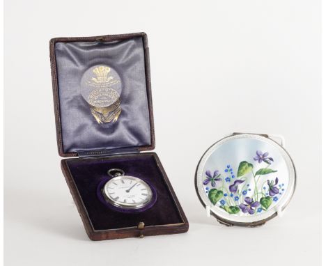 A VICTORIAN SILVER CASED PEDOMETER AND A LADY'S SILVER AND ENAMELLED POWDER COMPACT (2)The pedometer with black Roman numeral