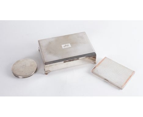 A SILVER CIGARETTE CASE, A SILVER POWDER COMPACT AND A PLATED CIGARETTE BOX (3)The cigarette case decorated with gilt edges t