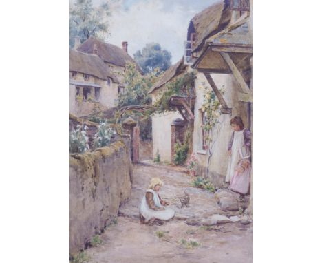 ENGLISH SCHOOL, LATE 19TH/EARLY 20TH CENTURYA girl playing with a kitten outside a cottage
watercolour
35 x 25cm
