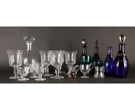 A GROUP OF GLASSWARESVarious dates
Comprising; three blue glass decanters and two stoppers with gilt labels for `Brandy' , `R