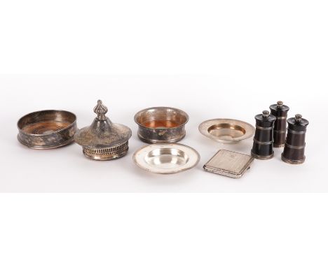 A GROUP OF SILVER AND PLATED WARES (10)Comprising; two bottle coasters, having turned wooden bases, two circular dishes, comb