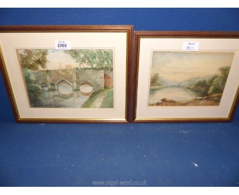 A pair of framed and mounted watercolours both by R. Jacob, one signed lower left of Abbots Bridge, the other of a river scen