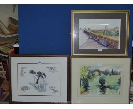 A Mike Allen framed watercolour 'Boats at Widnes', a De Groot watercolour of a river scene with figures, possibly playing gol