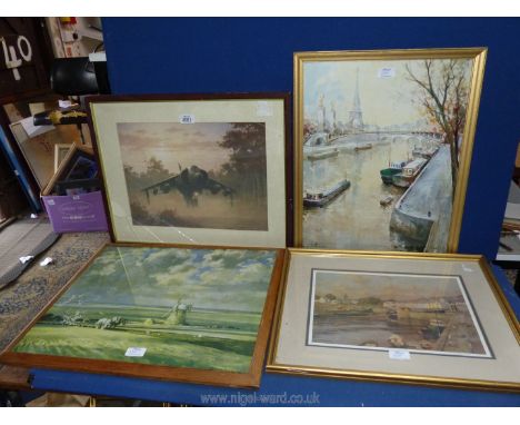 Four framed Prints including Harrier GR3 by Keith Woodcock (glass a/f), limited edition Harbour Scene by R. Forsyth no. 54/50