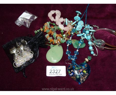 A 925 silver ring, cat brooch, jade coloured necklace and earrings, amethyst, rose quartz, etc.