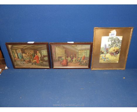 A pair of over varnished Prints by the artist M. Dovaston along with a print, Gathering the harvest.