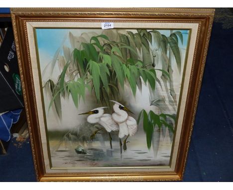 A large framed Oil on canvas depicting a pair of Egrets, signed lower left R. Hall, 25 1/4" x 29".