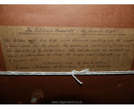 A framed and mounted Print by George Baxter 'The Soldiers Farewell, The Parents Gift', inscription verso, 10 1/2" x 8 1/2".