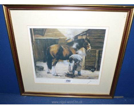 A John Trickett framed and mounted Ltd. Edition Print, no. 310/850 of a Heavy Horse being shod.