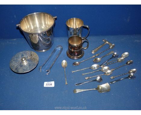 An epns ice bucket, small tankard, assorted teaspoons and ice hammer.