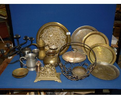 A quantity of metals including brass letter rack, pot, salver, plated bud vase, pewter tankard, iron candelabra, etc.