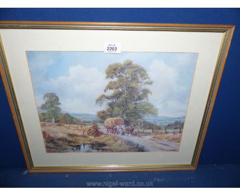 A framed and mounted limited edition Print no. 366/850 by John Tricket depicting farmhands and heavy horses collecting the ha