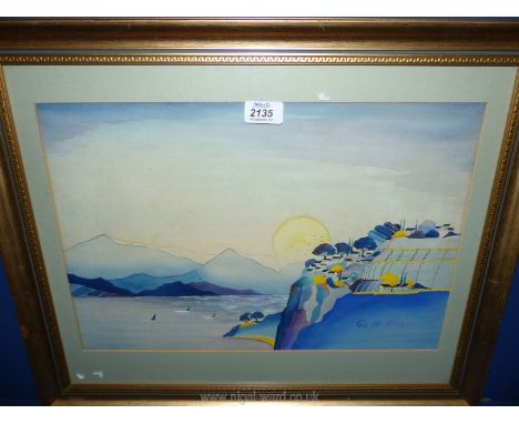 A framed and mounted Watercolour of a seascape with sailing boats and a village built on top of a cliff, initialled lower rig