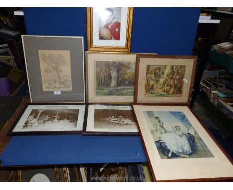 A quantity of pictures to include a pencil drawing titled 'Birch', a Doris Corbett pastel drawing of a woodland scene, two We