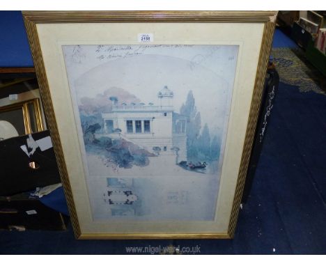 A large framed Print of a House and garden.