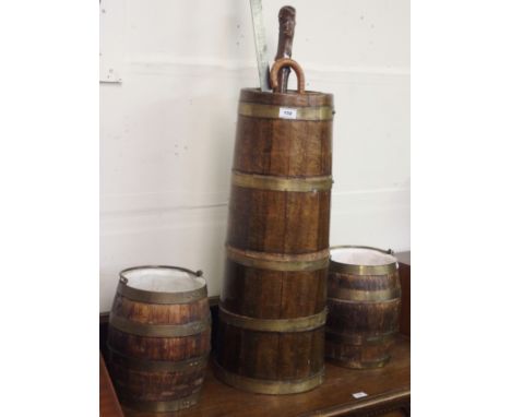 A pair of oak coopered brass bound buckets, an oak coopered brass bound stick stand, stick, umbrella  and a steel measure (6)