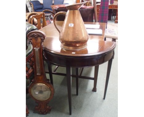 A walnut barometer, copper jug and demi-lune card table (3) Condition Report: Available upon request