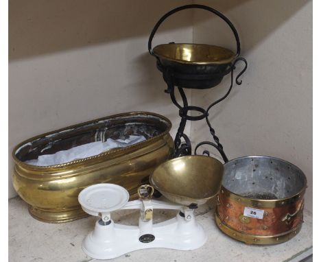 A set of Salter scales and a brass and copper planter etc Condition Report: Available upon request