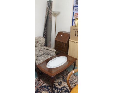 A modern green ground rug, mahogany coffee table and a floor lamp (3) Condition Report: Available upon request