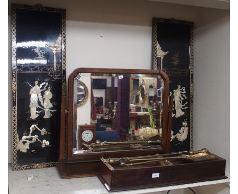 A dressing mirror, Chinese plaques, firescreen and brassware Condition Report: Available upon request