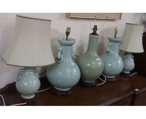 Two pairs of Chinese style table lamps and another Chinese style lamp (5) Condition Report: Available upon request