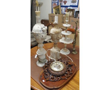 Two alabaster table lamps, clock, tray etc Condition Report: Available upon request