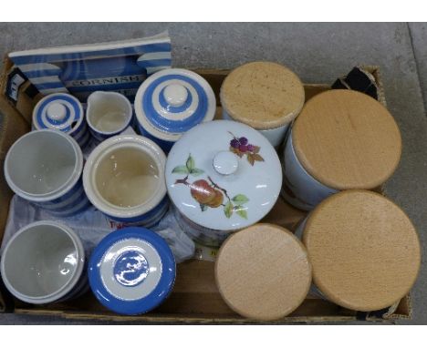 A box of storage jars including T.G. Green and Royal Worcester Evesham
