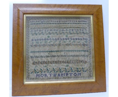 A framed Victorian sampler, frame 35.5cm x 36.5cm