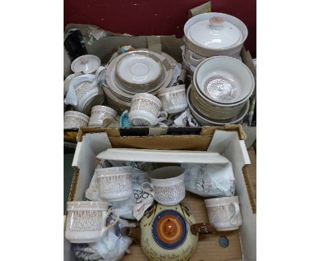 Denby Chantilly tea and dinnerwares, forty-eight pieces in total, one plate chipped and a motto ware teapot