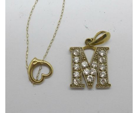 A 9ct gold, stone set initials pendant, M, and a 9ct gold pendant with chain, 4.2g