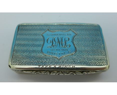 A Victorian silver snuff box, Birmingham 1842, Francis Clark, with inscription