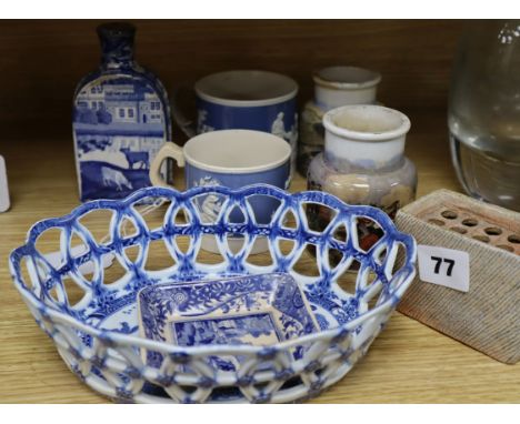 A Victorian blue and white chestnut basket, a caddy, two Prattware pots, etc.