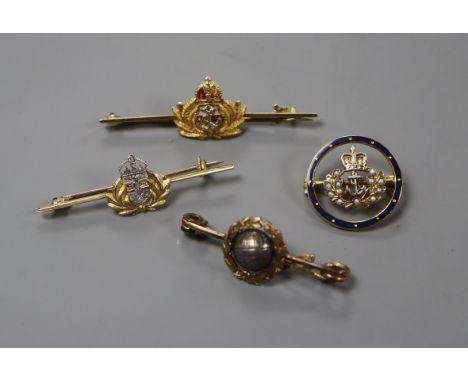 Four military sweetheart brooches, various, comprising a Royal Marine and three Naval examples including a 15ct gold and whit