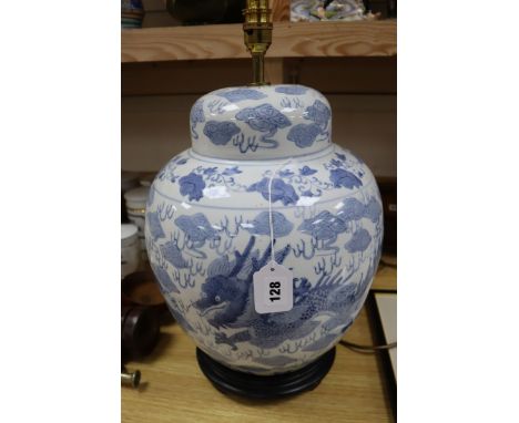 A Chinese large blue and white ginger jar and cover table lamp