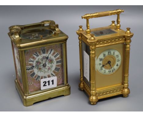 An early 20th century French lacquered brass and porcelain repeating carriage clock, height 11.5cm and a lacquered brass carr