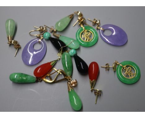 A pair of 9ct gold, jade and peridot earrings, a pair of jade bi-disc earrings and five other pairs of jade and hardstone ear