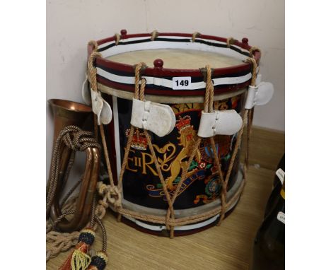 A Royal Mariner's military side drum c.1960 brass shelled and rope tensioned with a military copper bugle
