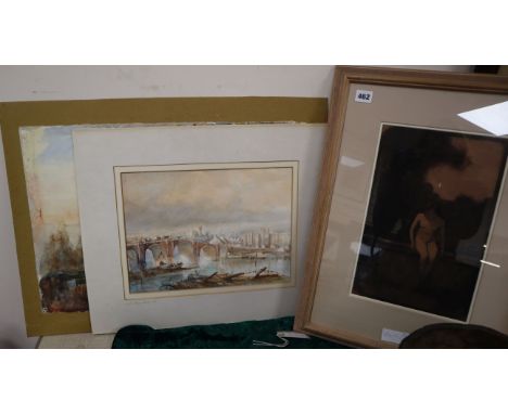 Graham Jones, charcoal and wash, Child on the terrace, signed, 34 x 22cm and two unframed watercolours by other hands